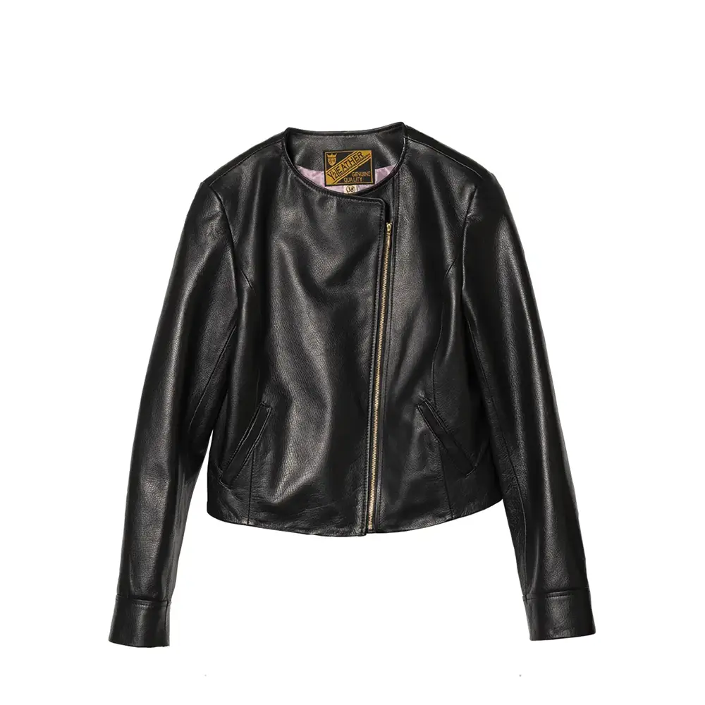 STEER OIL COLLARLESS JACKET leather jacket brand